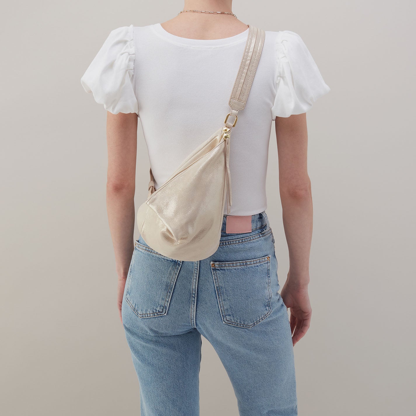 Sway Small Sling In Metallic Leather - Sand Shimmer - Image 3