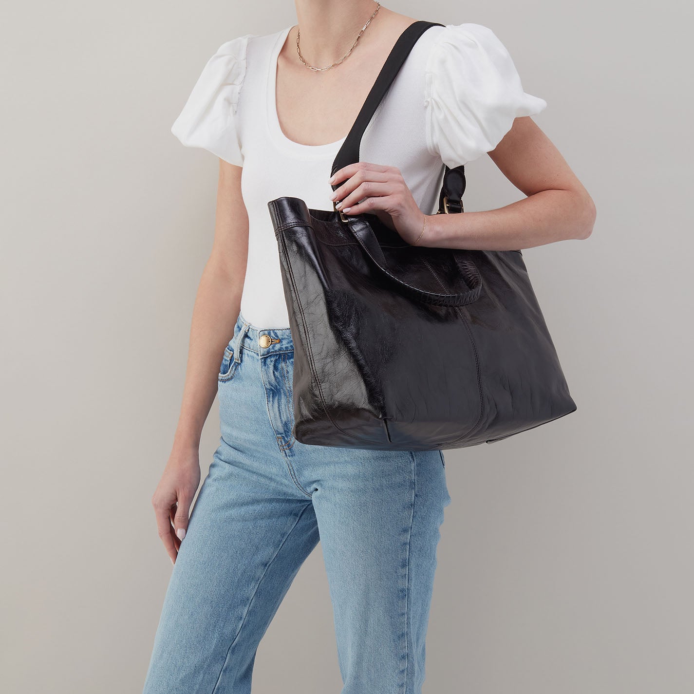 Romy Max Tote in Polished Leather - Black - Image 2