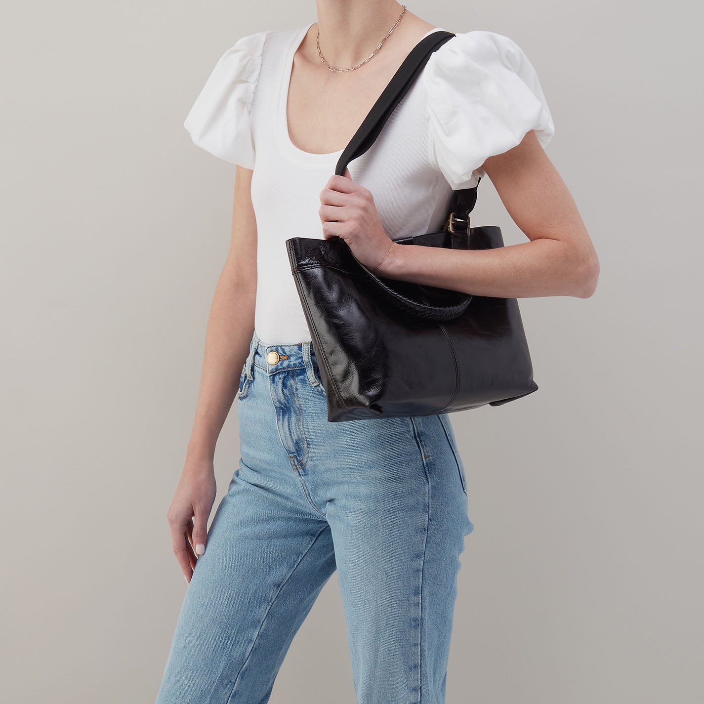 Romy Medium Tote in Polished Leather - Black - Image 2